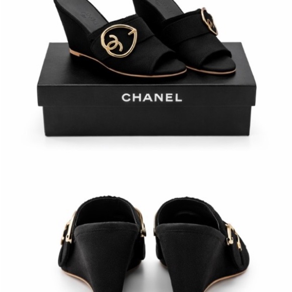 CHANEL Black Wedges with Gold Accents